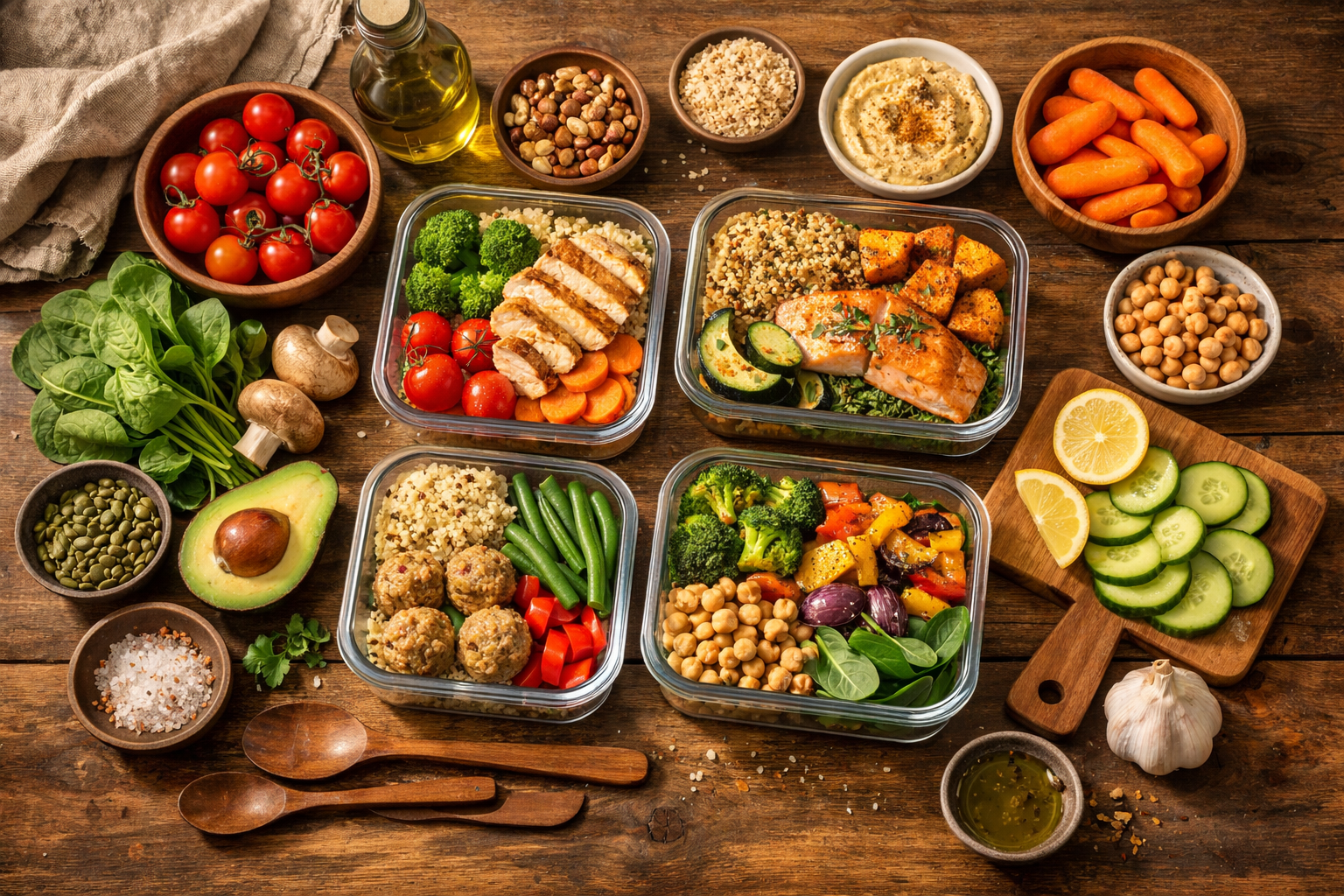 Healthy balanced meal preparation, fresh vegetables and whole grains, natural kitchen setting, overhead view, warm lighting